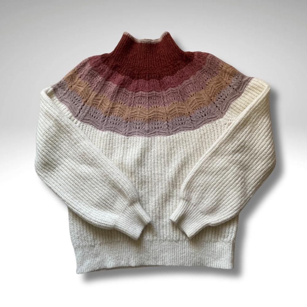 Nordic Fair Isle Openwork Yoke Mock Neck Sweater | Scandinavian Winter Knit | S